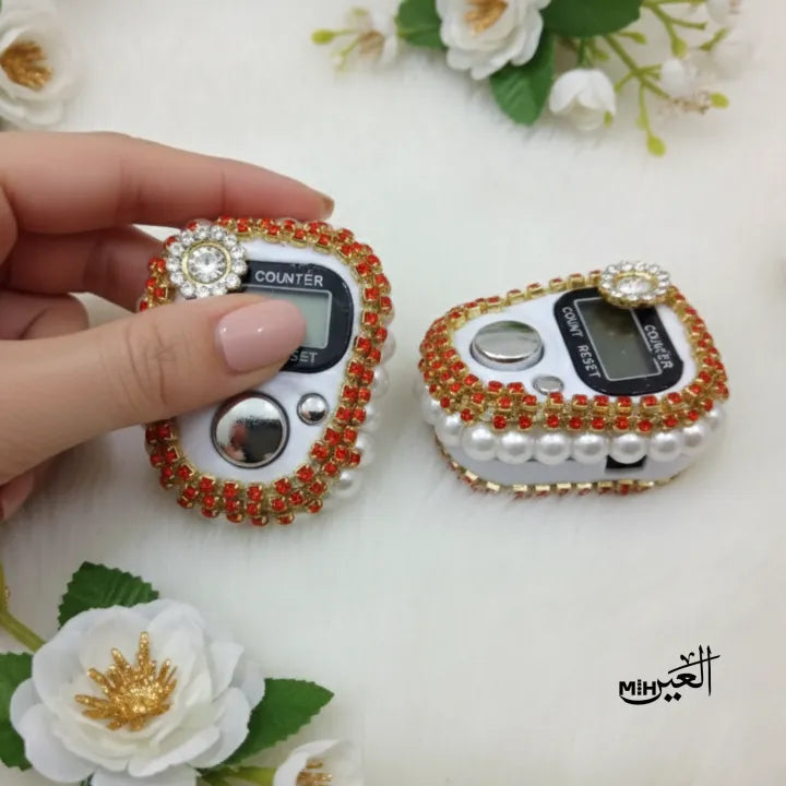 Fancy Digital Counter White Ramadan Kreem Offer Crystal Pearls Tasbeeh for Women's | Adjustable Finger Ring Tally Counter - Allemarr