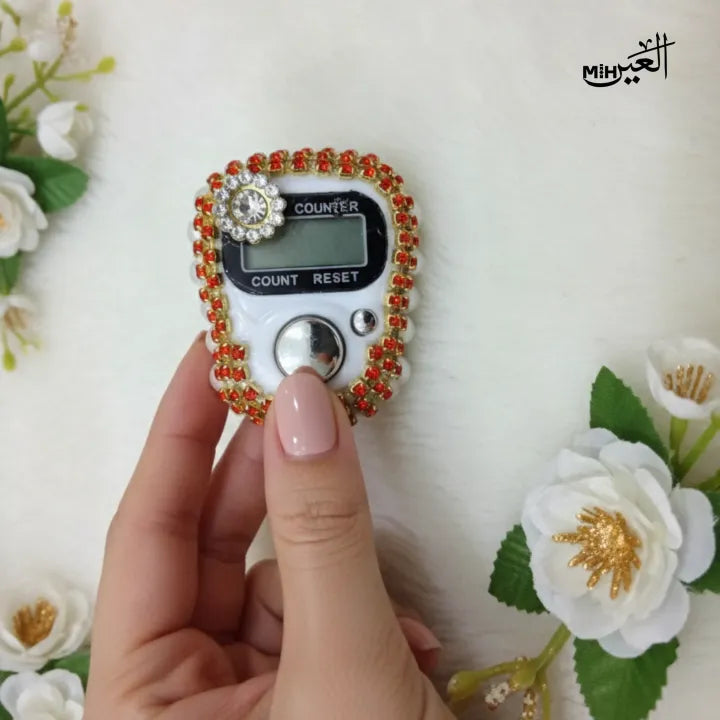 Fancy Digital Counter White Ramadan Kreem Offer Crystal Pearls Tasbeeh for Women's | Adjustable Finger Ring Tally Counter - Allemarr