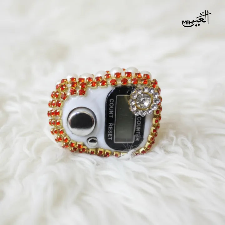 Fancy Digital Counter White Ramadan Kreem Offer Crystal Pearls Tasbeeh for Women's | Adjustable Finger Ring Tally Counter - Allemarr